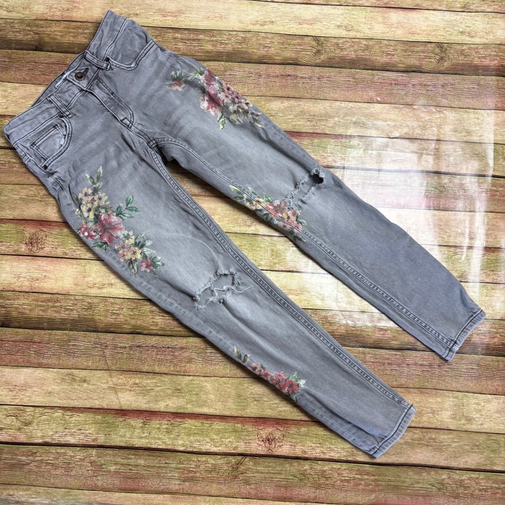 Zara Z1975 Gray Jeans 2 Floral Print Shredded Knee Skinny Cottagecore Grunge